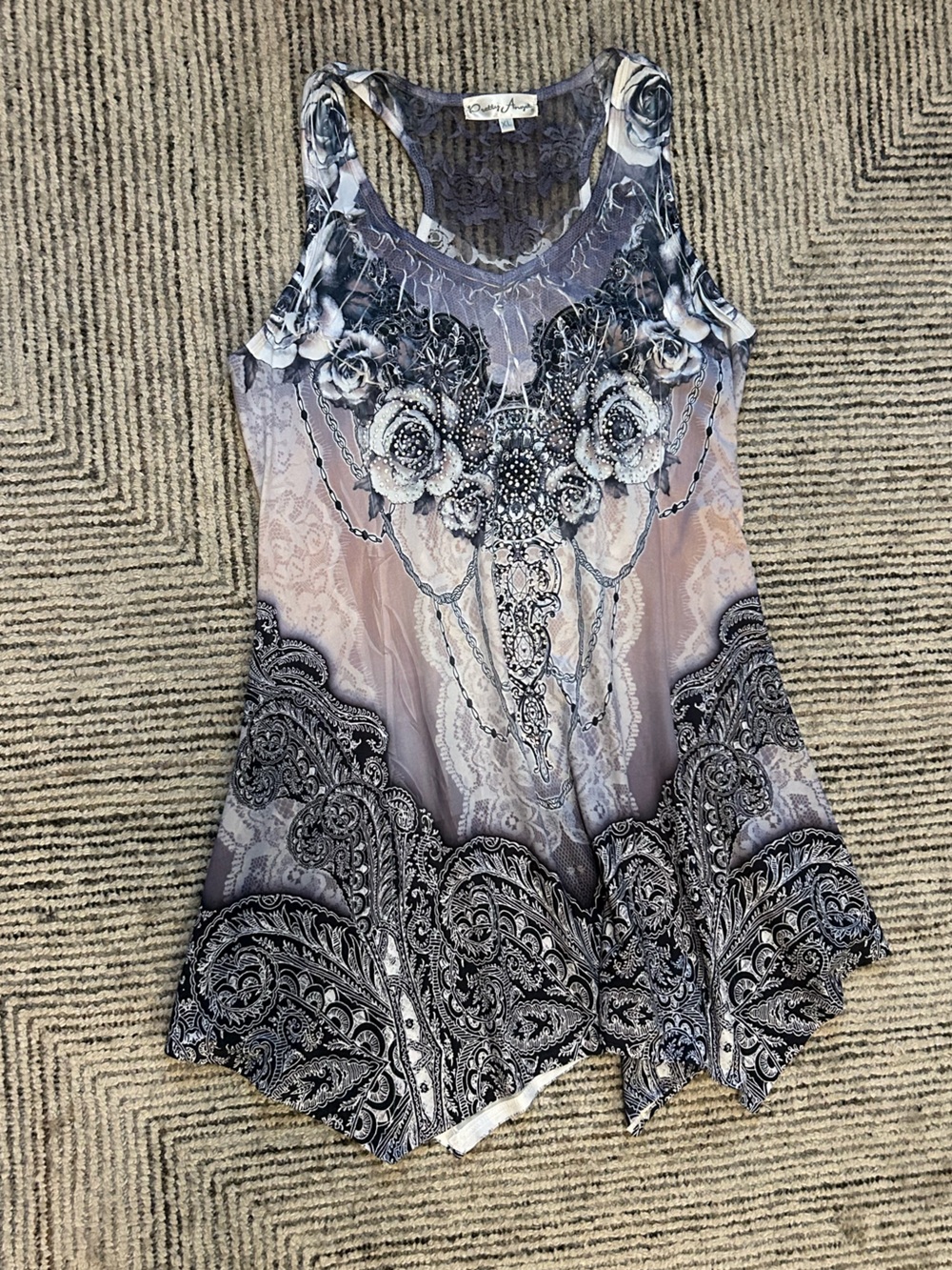 Pretty Angel Y2K Grunge Ornate Lace & Paisley Print Sleeveless Top Whimsigoth